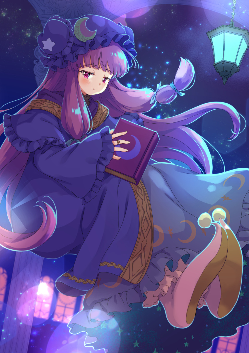 1girl :t book crescent crescent_hat_ornament dress floating half-closed_eyes hat hat_ornament highres holding holding_book indoors iris_anemone jitome lamp light_particles long_hair long_sleeves looking_at_viewer mob_cap night night_sky patchouli_knowledge pointy_footwear purple_hair sky solo star_(sky) star_(symbol) starry_sky touhou very_long_hair violet_eyes