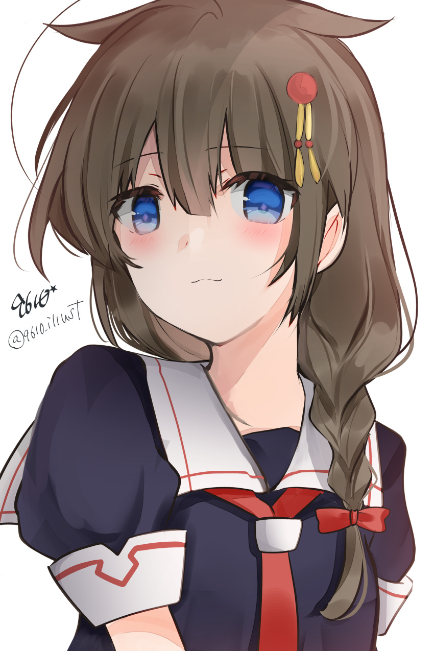 1girl :3 absurdres ahoge artist_name black_serafuku blue_eyes braid brown_hair commentary_request eiji_(monochromexd) hair_flaps hair_ornament hair_over_shoulder highres kantai_collection long_hair looking_at_viewer neckerchief red_neckerchief sailor_collar school_uniform serafuku shigure_(kancolle) shigure_kai_ni_(kancolle) simple_background single_braid solo twitter_username upper_body white_background white_sailor_collar