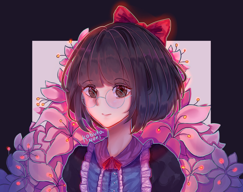 1girl artist_name bangs black_hair black_shirt blue-framed_eyewear bow brown_eyes center_frills closed_mouth collared_shirt commentary english_commentary eyebrows_visible_through_hair floral_background flower frills glasses hair_bow kobutanori lilypichu looking_at_viewer offlinetv pink_flower puffy_sleeves red_bow round_eyewear shirt short_hair smile solo upper_body