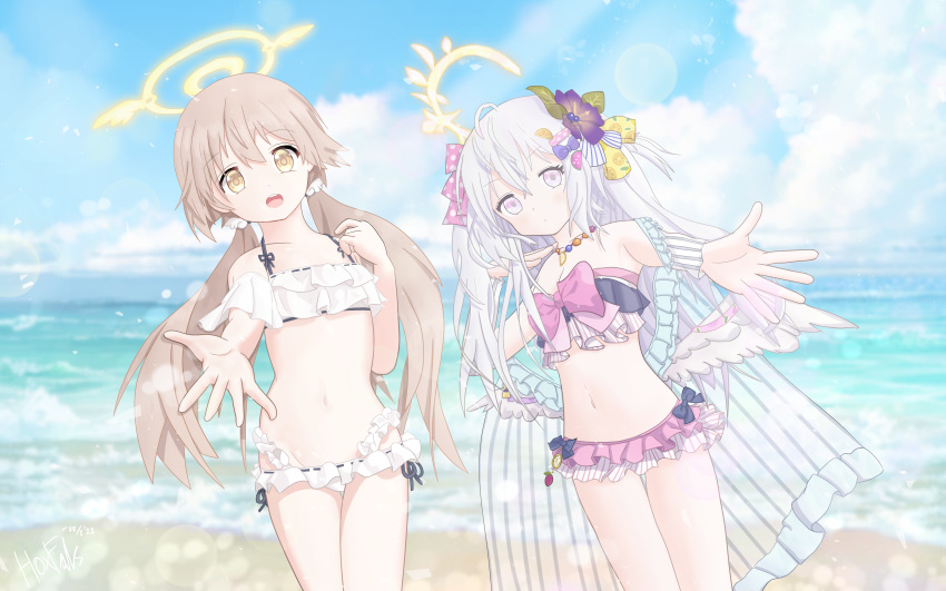 2girls absurdres azusa_(blue_archive) azusa_(swimsuit)_(blue_archive) bare_arms bare_legs beach bikini blue_archive brown_hair clouds frilled_bikini frills hair_ornament halo hifumi_(blue_archive) hifumi_(swimsuit)_(blue_archive) highres long_hair looking_at_viewer multiple_girls navel ocean open_mouth pink_bikini pink_eyes pov reaching_out sand sky smile swimsuit troll_z0r twintails water white_bikini white_hair white_legwear yellow_eyes