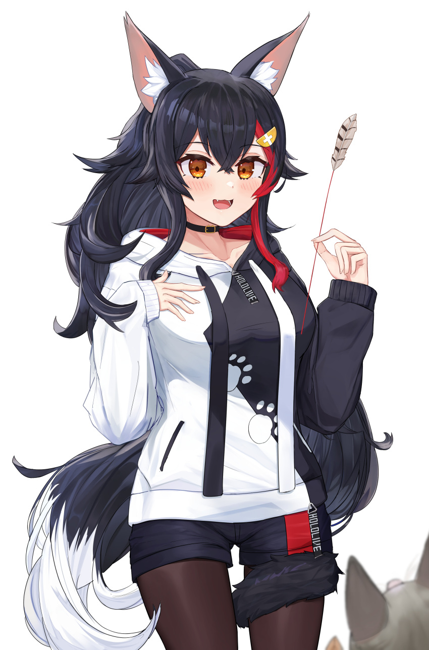 1girl absurdres animal_ears bangs black_hoodie black_legwear black_shorts blush cat feathers hair_between_eyes hair_ornament highres holding hololive hood hoodie long_hair long_sleeves multicolored_hair oksuri ookami_mio open_mouth pantyhose paw_print paw_print_pattern short_shorts shorts smile solo taiga_(ookami_mio) tail tail_around_leg tail_wrap tawa_(ookami_mio) thigh-highs two-tone_hoodie virtual_youtuber white_hoodie wolf_ears wolf_girl wolf_tail