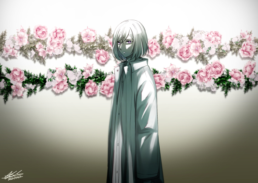 1boy akudama_drive bangs closed_mouth coat cutthroat_(akudama_drive) dated flower from_side gradient gradient_background green_background highres long_sleeves mole mole_under_eye open_clothes open_coat pale_skin pink_eyes pink_flower short_hair signature so_(s_field93870) solo white_hair