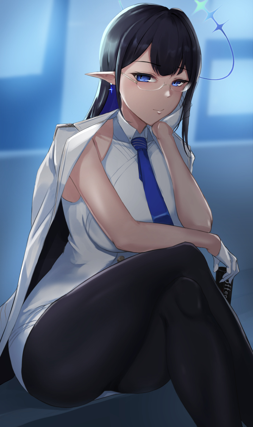 1girl bangs black_hair black_legwear blue_archive blue_eyes blue_necktie blush closed_mouth coat coat_on_shoulders crossed_legs earrings glasses gloves halo highres jewelry long_hair looking_at_viewer necktie pantyhose pointy_ears rin_(blue_archive) shirt sitting smile solo thighs tyamurai33 white_gloves white_shirt