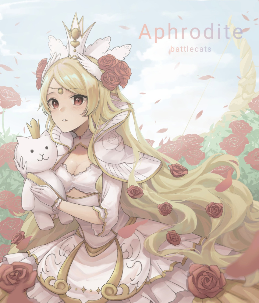 1girl aphrodite_(nyanko_daisensou) blonde_hair bow_(weapon) breasts cat_(nyanko_daisensou) chenyunchen2001 crown doll feather_hair_ornament feathers flower gloves hair_flower hair_ornament highres medium_breasts nyanko_daisensou petals red_eyes rose rose_bush rose_petals sky smile weapon