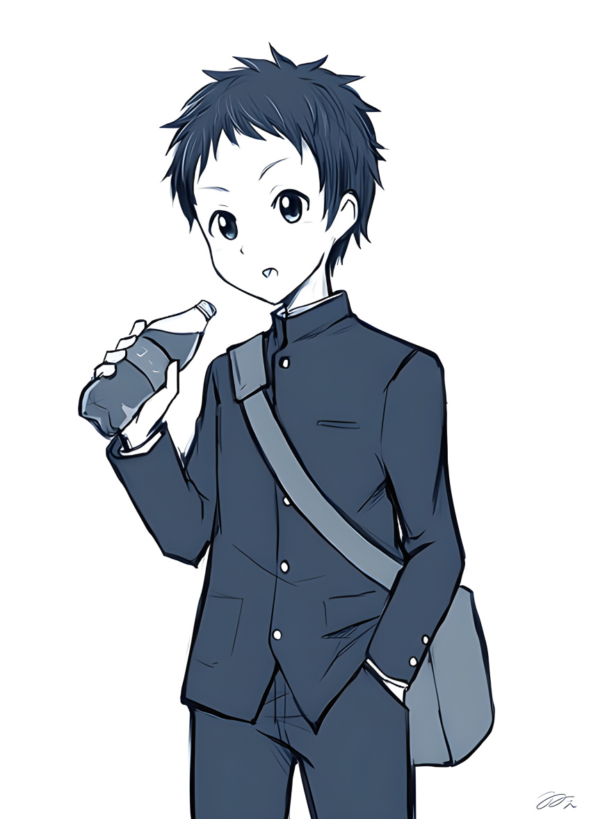 1boy absurdres bottle hand_in_pocket highres holding holding_bottle k-on! long_sleeves looking_at_viewer open_mouth school_uniform soda soda_bottle solo tainaka_satoshi