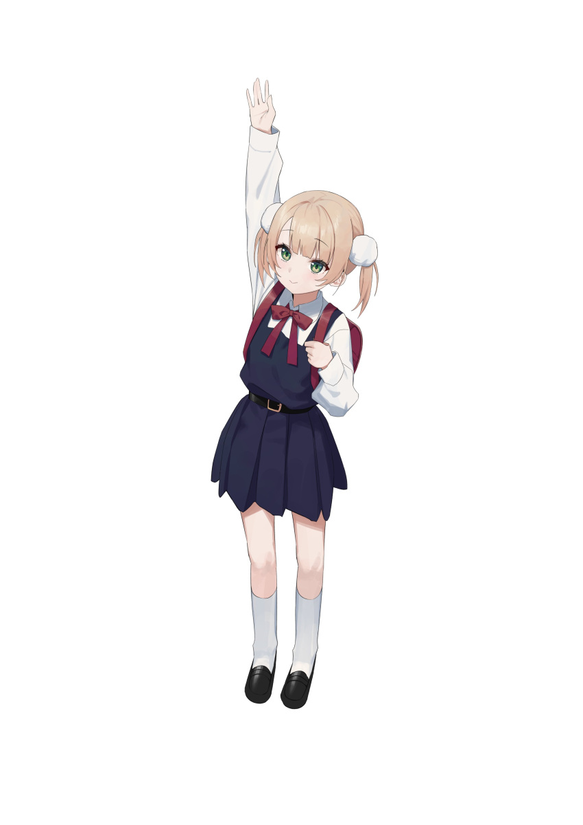 1girl absurdres arm_up backpack bad_link bag belt blonde_hair bow closed_mouth dress eyebrows_visible_through_hair green_eyes hair_ornament highres indie_virtual_youtuber long_sleeves pom_pom_(clothes) pom_pom_hair_ornament randoseru red_bow ribbon school_uniform shigure_ui_(vtuber) solo syhan white_background younger