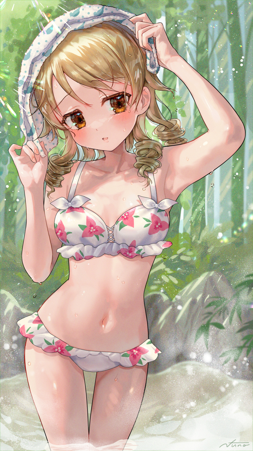 1girl absurdres bangs bikini blush breasts collarbone commentary_request day drill_hair ear_blush floral_print frilled_bikini frills hands_up highres idolmaster idolmaster_cinderella_girls light_brown_hair looking_at_viewer medium_hair morikubo_nono navel open_mouth outdoors plant print_bikini print_towel small_breasts solo stomach sunlight swimsuit thighs towel towel_on_head water wet white_bikini yukinuno yukinuno_jelly