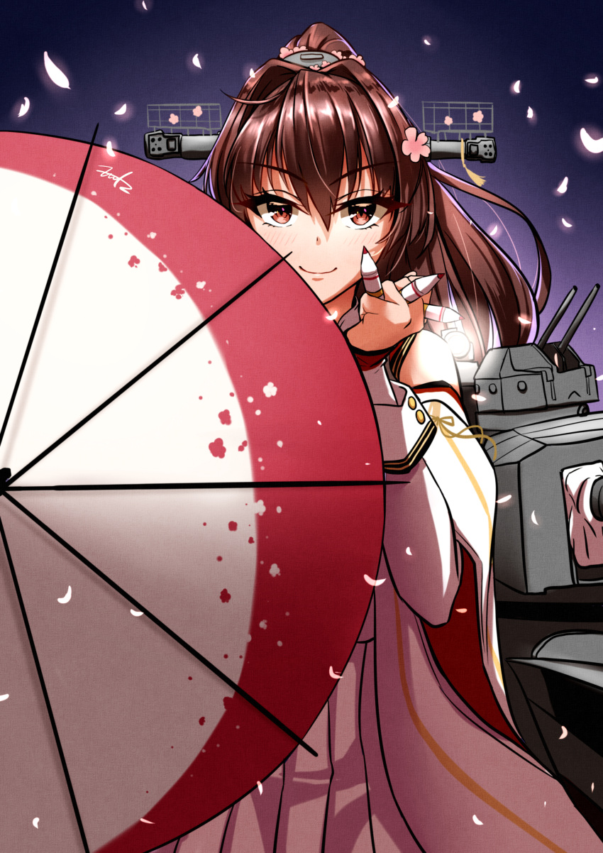 1girl absurdres brown_eyes brown_hair cannon cherry_blossoms clothing_cutout coat flower fritz614 hair_flower hair_intakes hair_ornament highres holding holding_shell holding_umbrella kantai_collection long_hair long_sleeves multicolored_umbrella ponytail red_umbrella rigging shell shirt shoulder_cutout sidelocks sleeveless_coat smile solo turret umbrella white_coat white_shirt white_umbrella yamato_(kancolle) yamato_kai_ni_(kancolle)