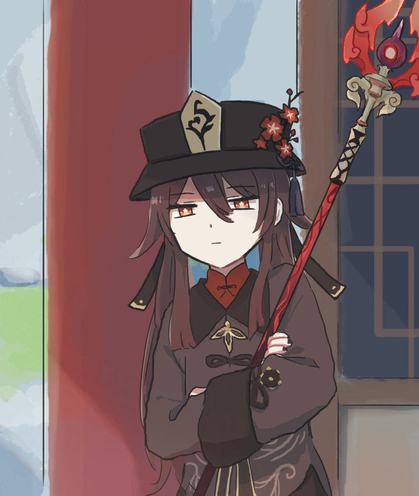 1girl annoyed architecture bangs brown_hair brown_shirt chibi chinese_clothes crossed_arms east_asian_architecture eyebrows_visible_through_hair flower flower_on_head genshin_impact hair_between_eyes half-closed_eyes hat highres holding holding_weapon hu_tao_(genshin_impact) long_hair polearm porkpie_hat shirt solo staff_of_homa_(genshin_impact) symbol-shaped_pupils tassel twintails upper_body weapon xinzoruo