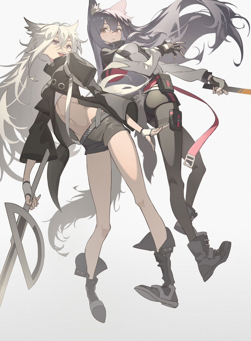 2girls absurdres animal_ear_fluff arknights ass bangs bare_legs belt belt_pouch black_coat black_footwear black_gloves black_hair black_legwear black_shorts boots breasts brown_eyes closed_mouth coat fingerless_gloves full_body gloves hachisan highres holding holding_sword holding_weapon jacket knee_boots lappland_(arknights) long_hair long_sleeves looking_at_viewer looking_back medium_breasts multiple_girls navel open_clothes open_coat pantyhose pouch short_shorts shorts simple_background stomach sword tail tail_through_clothes texas_(arknights) thigh_pouch thigh_strap v-shaped_eyebrows very_long_hair weapon white_background white_gloves white_hair white_jacket