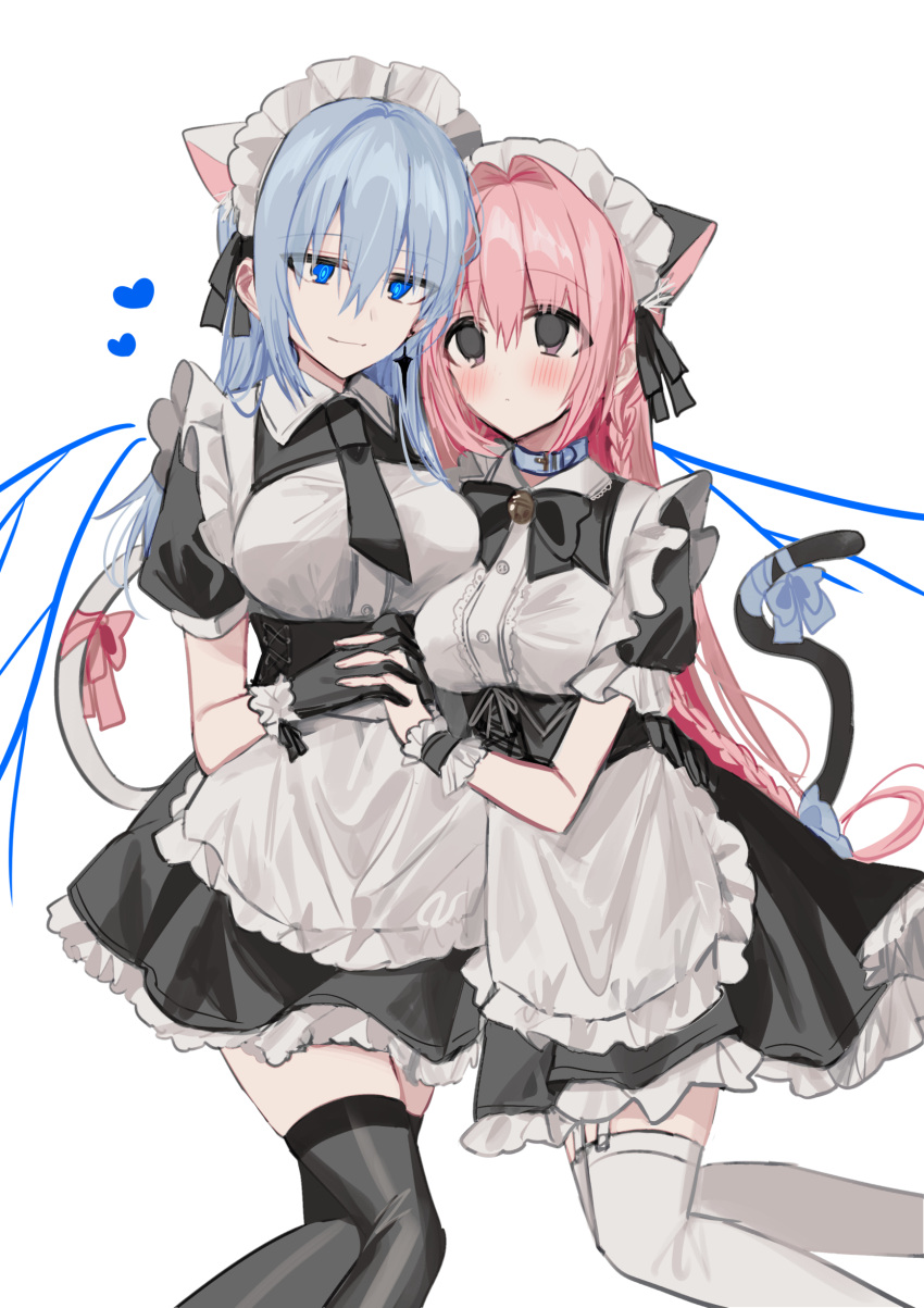 2girls absurdres alternate_costume animal_ears apron bangs bell black_bow black_dress black_gloves black_legwear black_necktie blue_bow blue_collar blue_eyes blue_hair blue_wings blush bow breasts cat_ears cat_girl cat_tail chihuri closed_mouth collar collared_dress commentary_request detached_wings dress enmaided eyebrows_visible_through_hair frilled_apron frills garter_straps gloves hair_between_eyes heart highres holding_hands interlocked_fingers jingle_bell long_hair maid maid_headdress medium_breasts multiple_girls neck_bell necktie original pink_bow pink_hair puffy_short_sleeves puffy_sleeves short_sleeves tail tail_bow tail_ornament thigh-highs very_long_hair violet_eyes white_apron white_legwear wings yuri