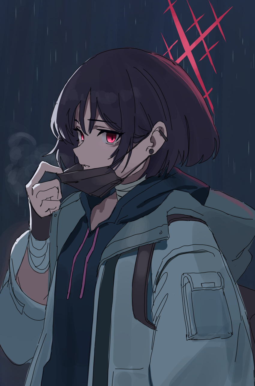 1girl absurdres bandaged_arm bandages bangs black_hair black_mask blue_archive breath coat ear_piercing eyebrows_visible_through_hair highres hood hood_down hooded_coat jaws_(okdol0928) looking_at_viewer mask mask_pull misaki_(blue_archive) mouth_mask outdoors parted_lips piercing rain red_eyes short_hair solo upper_body white_coat