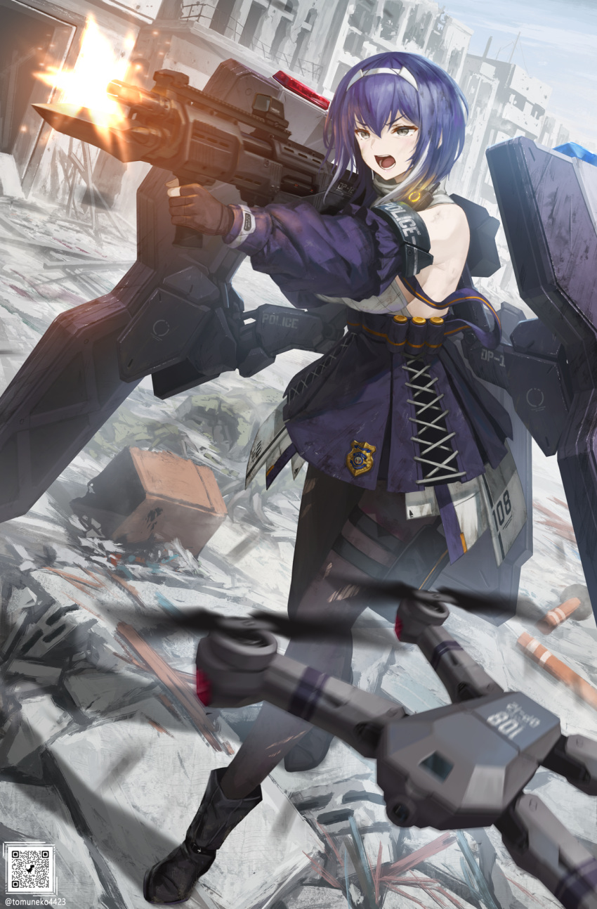 1girl artist_name badge bangs bayonet black_footwear black_gloves black_legwear blue_hair blue_skirt boots breasts building commentary_request detached_sleeves dp-12_(girls'_frontline) firing full_body girls_frontline gloves grey_eyes gun hair_between_eyes hairband highres holding holding_gun holding_weapon multicolored_hair muzzle_flash open_mouth outdoors pantyhose partially_fingerless_gloves shield shirt short_hair shotgun skirt sleeveless sleeveless_shirt solo standard_manufacturing_dp-12 streaked_hair tom-neko_(zamudo_akiyuki) torn_clothes torn_legwear weapon white_hair white_shirt