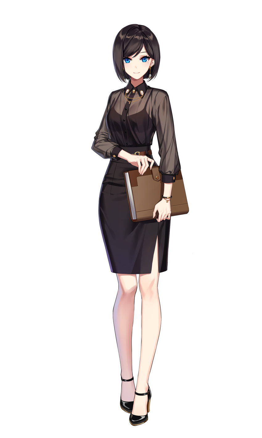 1girl absurdres ankle_strap bangs black_camisole black_footwear black_skirt blue_eyes breasts brown_hair camisole closed_mouth collared_shirt counter:side earrings full_body highres jewelry kim_hana_(counter:side) looking_at_viewer medium_breasts mole mole_under_eye official_art pencil_skirt see-through see-through_shirt shirt short_hair simple_background skirt solo standing transparent_background