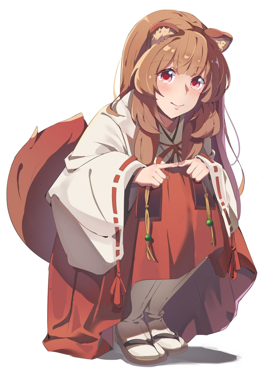 1girl aisha_(rfrm) animal_ear_fluff animal_ears bangs blush brown_hair detached_sleeves eyebrows_visible_through_hair hakama hakama_skirt highres japanese_clothes long_hair long_sleeves looking_at_viewer miko raccoon_ears raccoon_girl raccoon_tail raphtalia red_eyes red_hakama ribbon simple_background skirt smile solo tail tate_no_yuusha_no_nariagari very_long_hair white_background