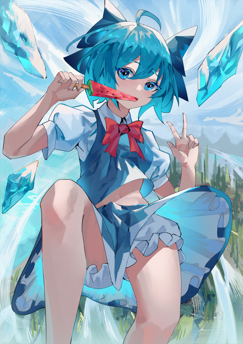 1girl absurdres ahoge bangs blue_bow blue_eyes blue_hair blue_skirt blue_sky blue_vest blush bow bowtie breasts chinese_commentary christmas_tree cirno clouds cloudy_sky collared_shirt commentary_request eating eyebrows_visible_through_hair fingernails flying food forest frills grass grey_shirt grey_shorts hair_between_eyes hands_up highres ice ice_cream ice_wings lake long_fingernails looking_at_viewer medium_breasts nail_polish nature navel open_mouth pink_nails puffy_short_sleeves puffy_sleeves red_bow red_bowtie shirt short_hair short_sleeves shorts skirt sky smile solo touhou tree user_kgxp3553 v vest water wings