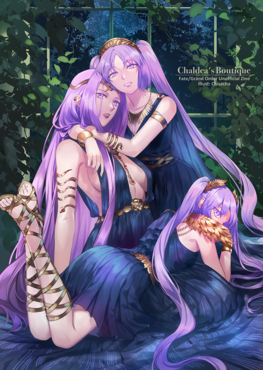 3girls alternate_costume blue_dress breasts chisasasacha collar dress euryale_(fate) fate/grand_order fate/stay_night fate_(series) forehead gladiator_sandals highres jewelry leaf lipstick long_hair makeup medusa_(fate) multiple_girls purple_hair sandals siblings sideboob sisters smile stheno_(fate) twins very_long_hair violet_eyes