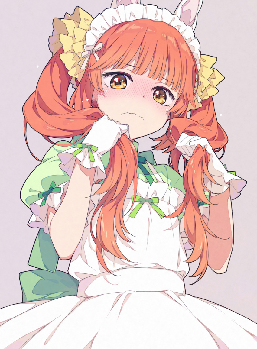 1girl animal_ears blush bow brown_hair cosplay frills gloves green_bow highres holding holding_hair inui_sajuna maid_headdress puffy_short_sleeves puffy_sleeves purple_background saipaco short_sleeves solo sono_bisque_doll_wa_koi_wo_suru twintails white_gloves yellow_eyes
