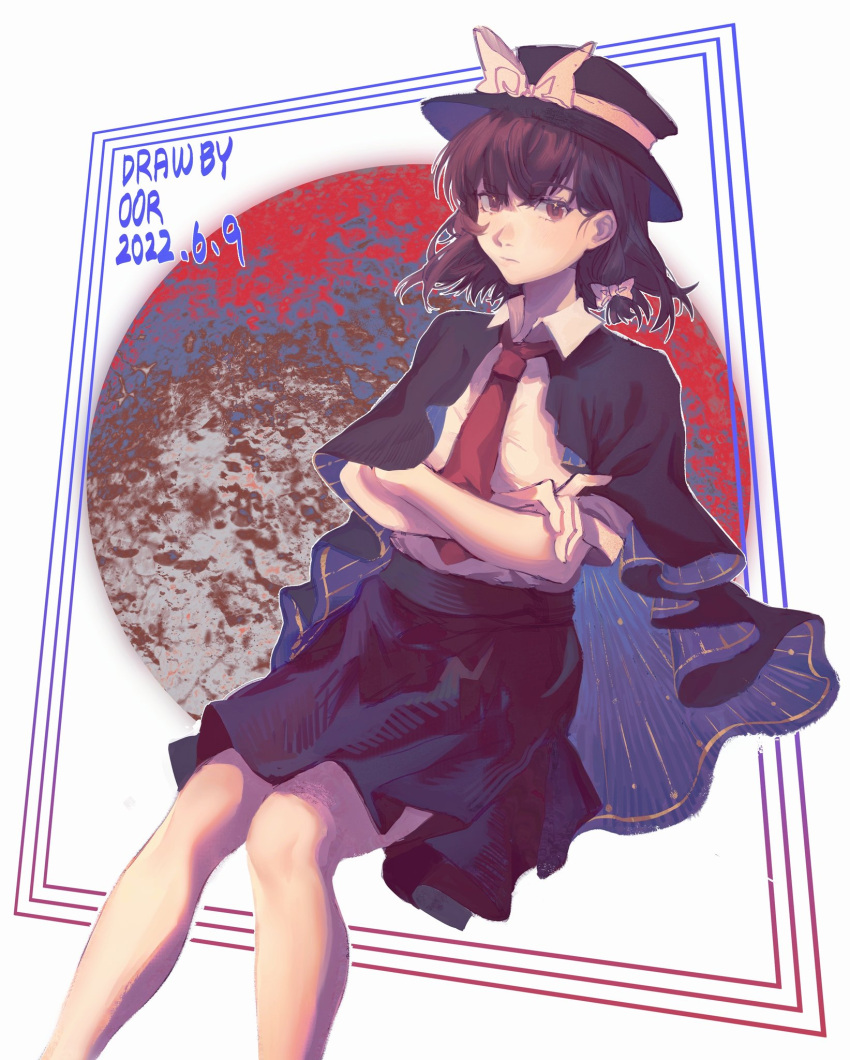 1girl bangs black_headwear bow brown_eyes brown_hair capelet expressionless eyebrows_visible_through_hair fedora feet_out_of_frame hair_between_eyes hat hat_bow highres looking_at_viewer necktie nostrils ououren ribbon shirt short_hair skirt solo touhou usami_renko white_bow