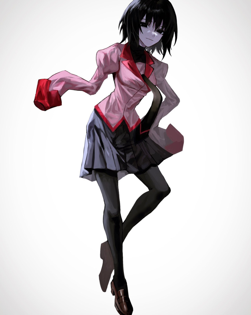 1girl black_eyes black_hair black_legwear black_necktie bob_cut breasts brown_footwear closed_mouth commentary empty_eyes expressionless full_body hand_on_hip highres ken_(nami31475176) loafers long_sleeves looking_at_viewer medium_breasts messy_hair monogatari_(series) naoetsu_high_school_uniform necktie oshino_ougi outstretched_arm pale_skin pantyhose pink_shirt pleated_skirt puffy_sleeves purple_skirt school_uniform shaded_face shirt shoes simple_background skirt sleeves_past_fingers sleeves_past_wrists solo white_background