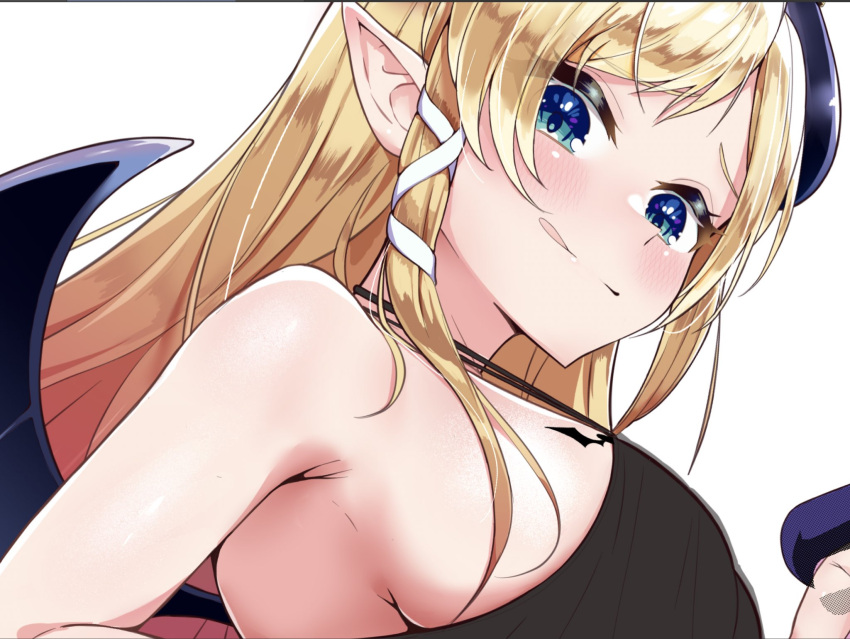 1girl armpits artist_request bat_tattoo blonde_hair blue_eyes breast_tattoo breasts demon_girl demon_horns demon_wings highres hololive horns large_breasts long_hair looking_at_viewer pointy_ears sideboob solo swimsuit tattoo virtual_youtuber winged_heart wings yuzuki_choco
