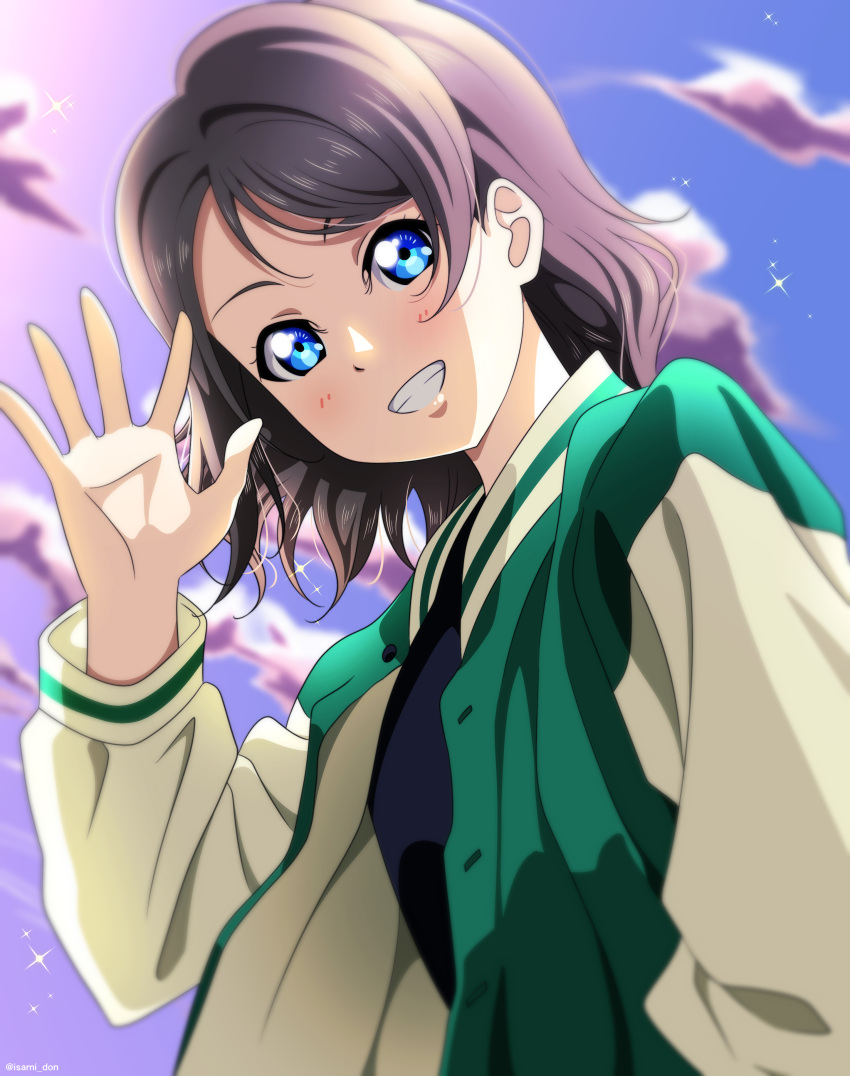 1girl absurdres black_shirt blue_eyes blush grin hand_up highres isami_don jacket light_brown_hair long_sleeves looking_at_viewer love_live! love_live!_sunshine!! open_clothes open_jacket shirt short_hair smile solo teeth upper_body watanabe_you waving