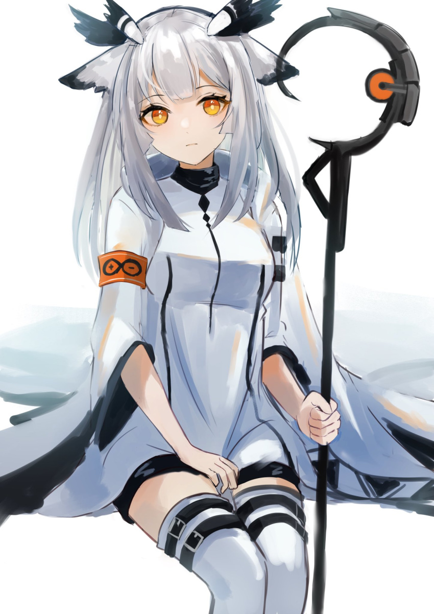 1girl animal_ears arknights armband azuazu_0405 bangs bird_ears blunt_bangs boots breasts bright_pupils closed_mouth dress eyebrows_visible_through_hair feet_out_of_frame highres holding holding_staff long_hair long_sleeves looking_at_viewer medium_breasts orange_eyes ptilopsis_(arknights) simple_background sitting solo staff thigh_boots thigh_strap white_background white_dress white_footwear white_hair wide_sleeves