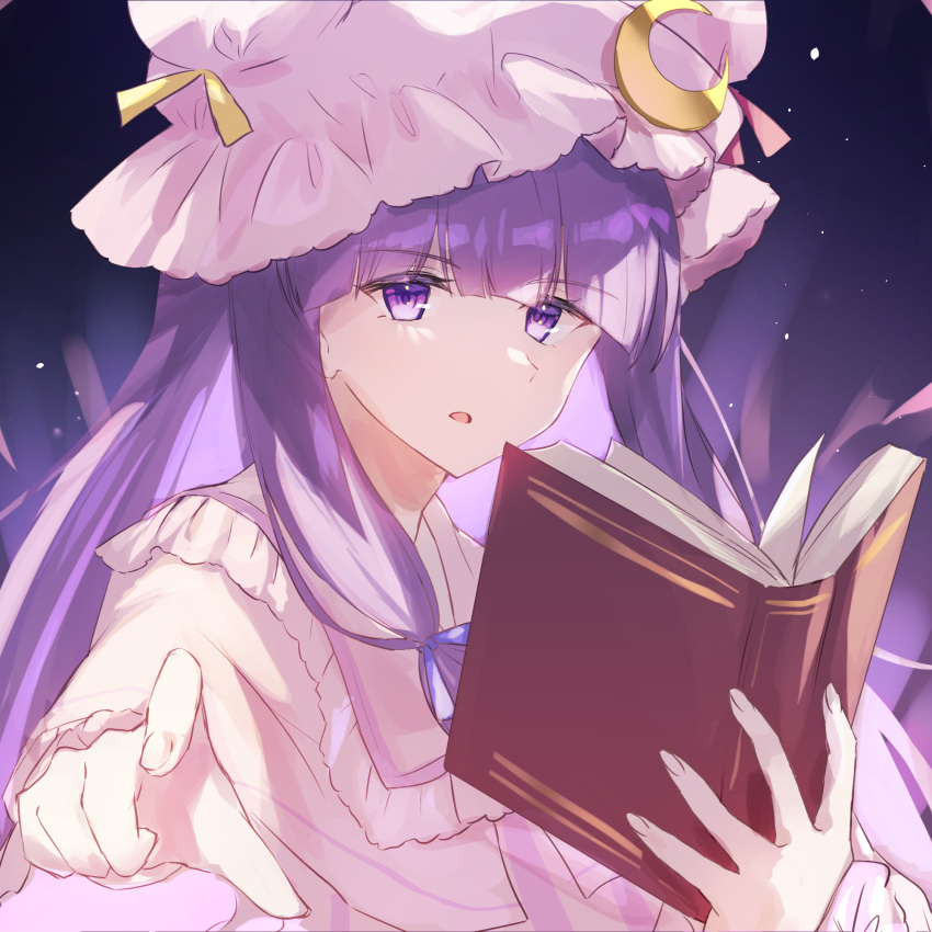 1girl ameria_(artist) bangs blue_ribbon blunt_bangs book capelet commentary crescent crescent_hat_ornament expressionless eyebrows_visible_through_hair gradient gradient_background hair_ribbon hat hat_ornament hat_ribbon highres holding holding_book long_hair looking_at_viewer mob_cap open_book patchouli_knowledge pointing pointing_at_viewer purple_hair red_ribbon ribbon solo touhou upper_body violet_eyes yellow_ribbon
