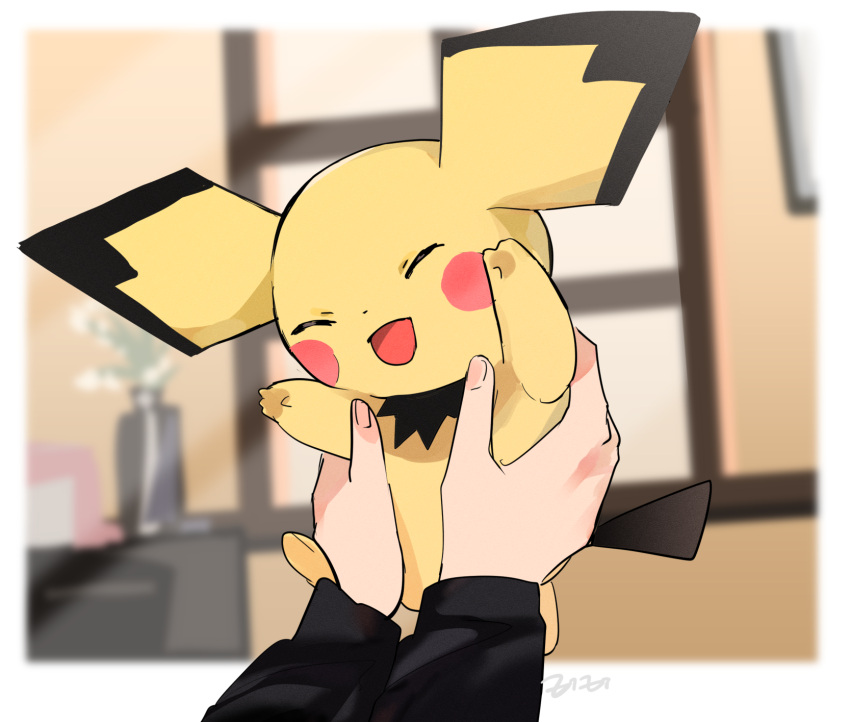 1other :d black_shirt blurry blurry_background border closed_eyes commentary_request highres holding holding_pokemon long_sleeves open_mouth pichu pokemon pokemon_(creature) shirt smile white_border xixi_(xxxxiixxxiixxxx)