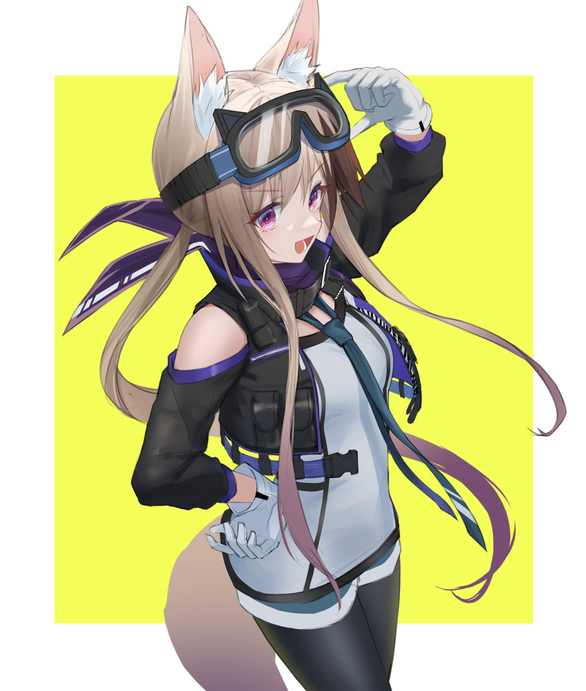 1girl :d animal_ear_fluff animal_ears arknights arm_up black_jacket black_legwear blue_shorts border breasts brown_hair cardigan_(arknights) cowboy_shot cropped_jacket dog_ears dog_girl dog_tail eyebrows_visible_through_hair gloves goggles goggles_on_head hand_on_eyewear hand_on_hip highres jacket legwear_under_shorts light_brown_hair long_hair long_sleeves low_ponytail medium_breasts multicolored_hair open_clothes open_jacket open_mouth outside_border pantyhose shirt short_shorts shorts sidelocks simple_background smile solo sthk streaked_hair tail two-tone_hair v-shaped_eyebrows violet_eyes white_border white_gloves white_shirt yellow_background