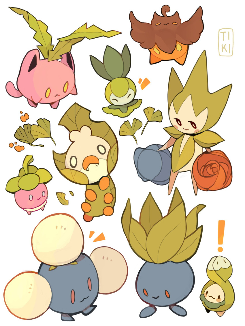 ! :3 artist_name blush bounsweet budew closed_mouth fang fang_out frown highres hoppip jumpluff leaf no_humans oddish orange_eyes petilil pokemon pumpkaboo roselia sewaddle simple_background smile standing tiki_(tikivt) white_background yellow_eyes