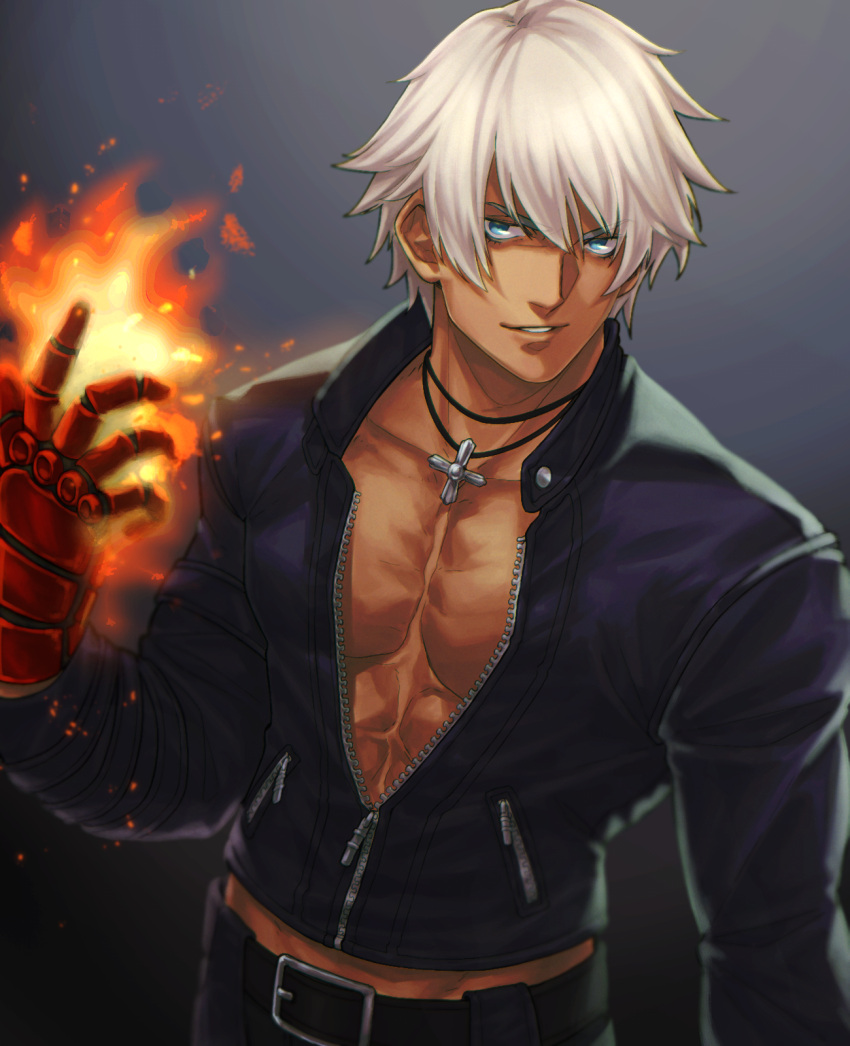 1boy abs bangs belt black_belt black_jacket blue_eyes commentary cross cross_necklace fire gloves gradient gradient_background grey_background hand_up highres jacket jewelry k'_(kof) ktovhinao long_sleeves looking_at_viewer male_focus necklace parted_lips partially_unzipped pectorals pyrokinesis red_gloves short_hair simple_background smile solo the_king_of_fighters upper_body white_hair zipper zipper_pull_tab