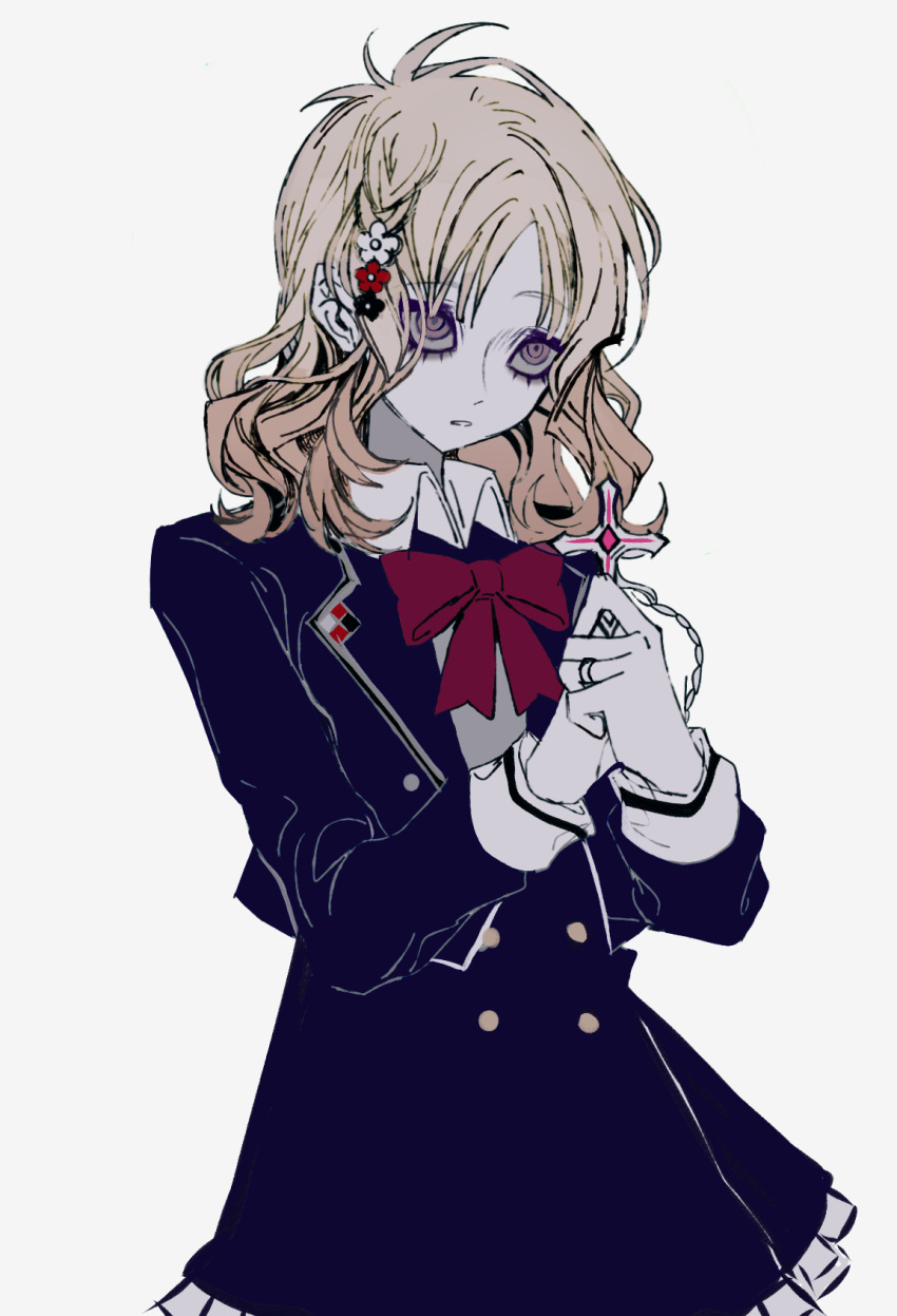 1girl blazer blonde_hair button_up_skirt cross diabolik_lovers flower grey_background hair_flower hair_ornament hemostatic highres holding holding_cross jacket komori_yui layered_skirt looking_up own_hands_clasped own_hands_together pale_skin pink_eyes school_uniform simple_background skirt solo solo_focus wavy_hair
