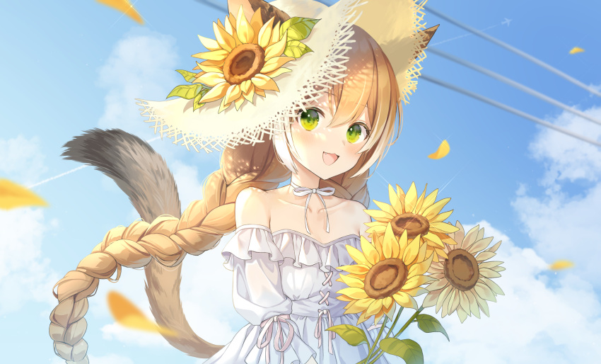 1girl absurdres animal_ears bangs bare_shoulders blue_sky blush braid brown_headwear cat_ears cat_girl cat_tail choker clouds cloudy_sky collarbone commentary_request day dress ears_through_headwear flower frilled_dress frills green_eyes hat hat_flower highres holding holding_flower long_hair off-shoulder_dress off_shoulder open_mouth orange_hair orange_tail original outdoors petals puffy_short_sleeves puffy_sleeves ribbon ribbon_choker short_sleeves sky solo ssalgolae strapless strapless_dress straw_hat sun_hat sundress sunflower tail very_long_hair white_dress white_ribbon