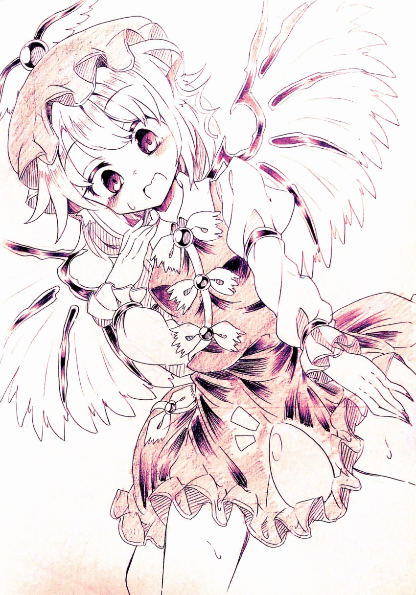 1girl animal_ears bird_ears bird_wings blush dress egg eyebrows_visible_through_hair fingernails frilled_dress frilled_sleeves frills hair_between_eyes highres juliet_sleeves long_fingernails long_sleeves monochrome mystia_lorelei one-hour_drawing_challenge open_mouth puffy_sleeves seika_okawari sharp_fingernails short_hair solo touhou traditional_media winged_hat wings