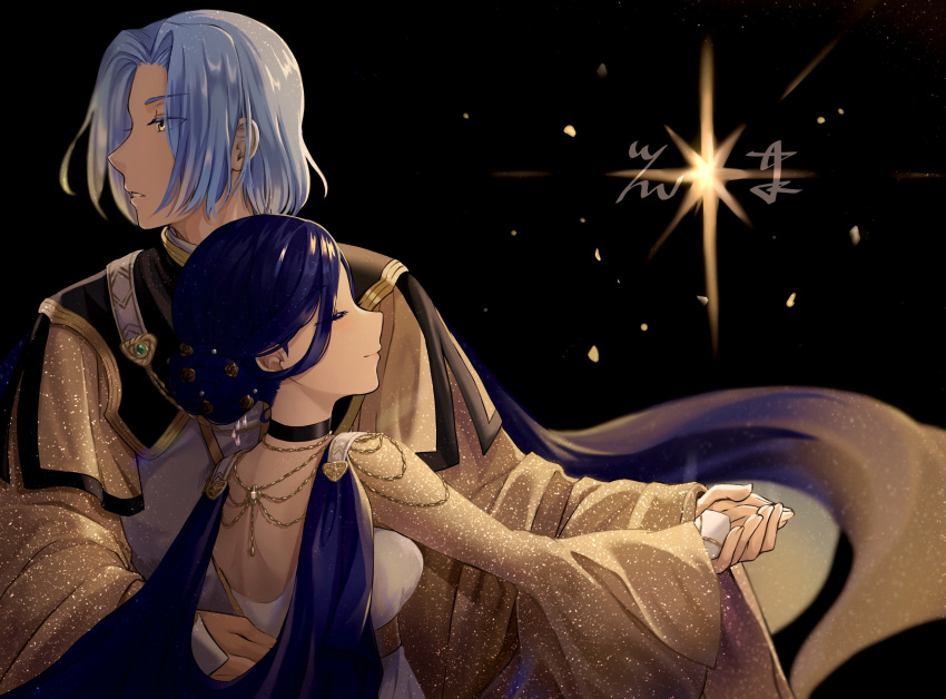 1boy 1girl black_background blue_hair dancing detached_sleeves dress ferdinand_(honzuki_no_gekokujou) hair_bun hair_intakes highres holding_hands honzuki_no_gekokujou long_sleeves maine_(honzuki_no_gekokujou) shiny shiny_hair short_hair shoulder_blades white_dress wide_sleeves yellow_eyes yellow_sleeves yumeha_tseru