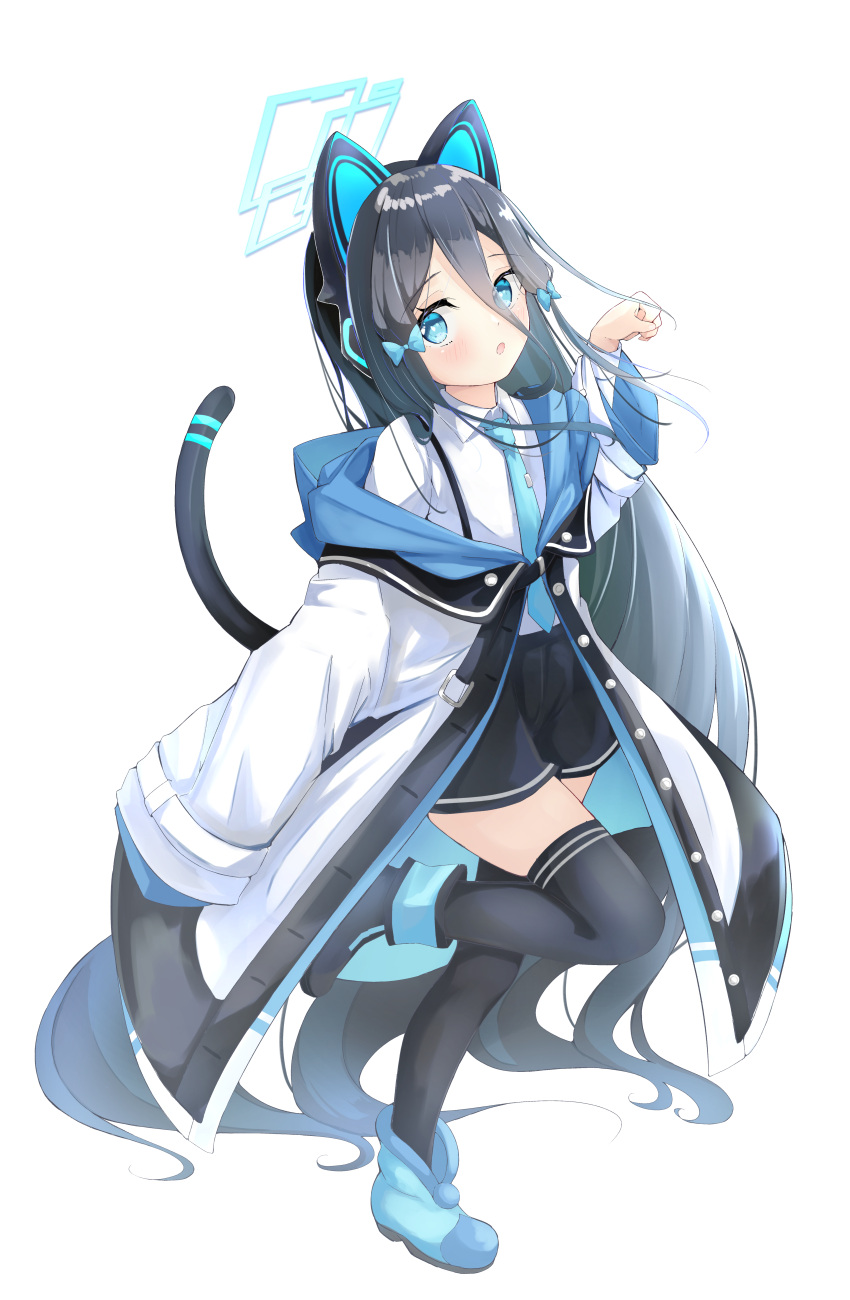 1girl absurdly_long_hair absurdres alternate_costume animal_ears arisu_(blue_archive) bangs black_legwear black_shorts blue_archive blue_footwear bow cat_ears cat_tail collared_shirt commentary_request cosplay eyebrows_visible_through_hair fake_animal_ears fake_tail full_body hair_between_eyes hair_bow hair_ribbon halo headphones highres kanikama_acedia long_hair long_sleeves looking_at_viewer midori_(blue_archive) midori_(blue_archive)_(cosplay) momoi_(blue_archive) momoi_(blue_archive)_(cosplay) necktie one_side_up parted_lips paw_pose ribbon school_uniform shirt short_shorts shorts sidelocks simple_background solo standing standing_on_one_leg suspenders tail tress_ribbon very_long_hair white_background zettai_ryouiki