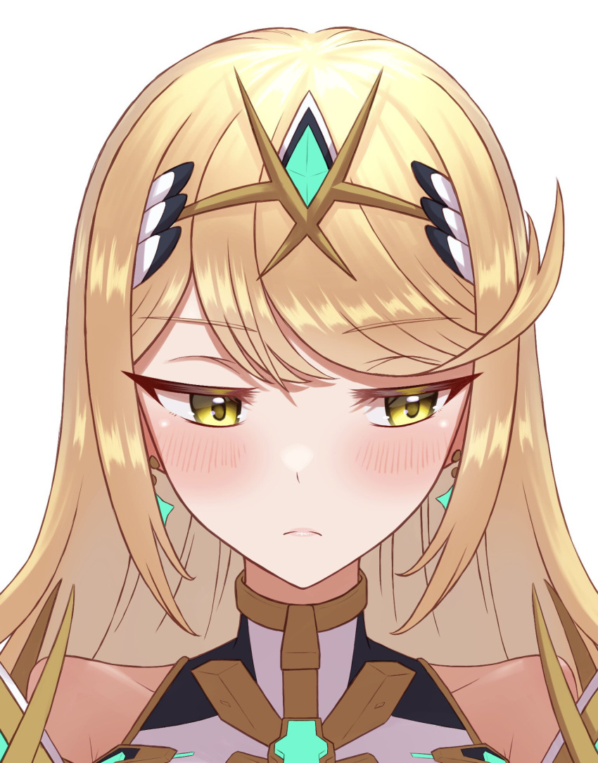1girl bangs bare_shoulders blonde_hair blush close-up closed_mouth commentary dress earrings highres jewelry long_hair mythra_(xenoblade) simple_background solo taro_(peach_taro51) tiara unfinished white_background white_dress xenoblade_chronicles_(series) xenoblade_chronicles_2 yellow_eyes