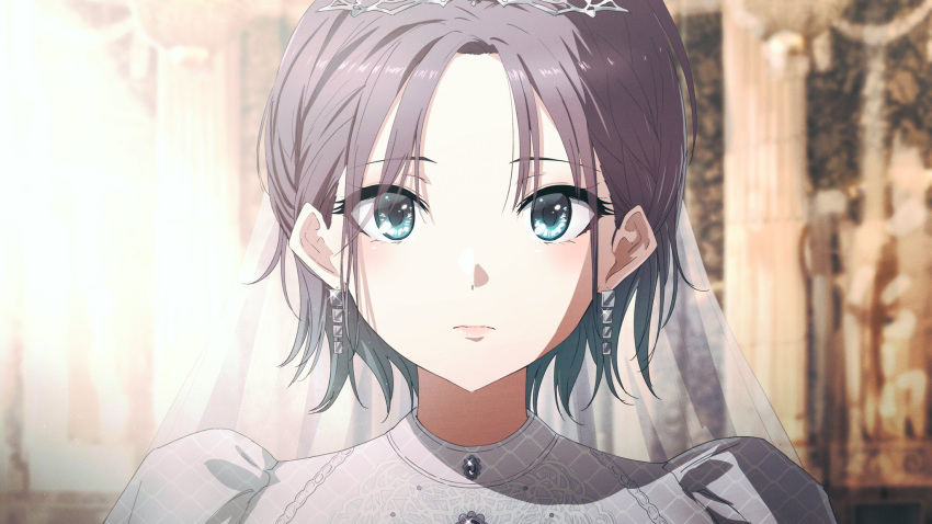 1girl asakura_toru bangs bridal_veil dress earrings highres idolmaster idolmaster_shiny_colors indoors jewelry light_purple_hair looking_at_viewer misaki_nonaka parted_bangs portrait solo tiara veil wedding_dress white_dress