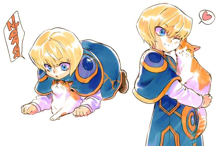 1boy 302 :o ;) all_fours animal bangs blonde_hair blue_capelet blue_eyes blue_robe brown_footwear capelet cat child closed_mouth fang fang_out heart highres holding holding_animal hunter_x_hunter kurapika long_sleeves male_child male_focus multiple_views nuzzle nyan one_eye_closed shirt shoes short_hair simple_background smile spoken_heart white_background white_shirt