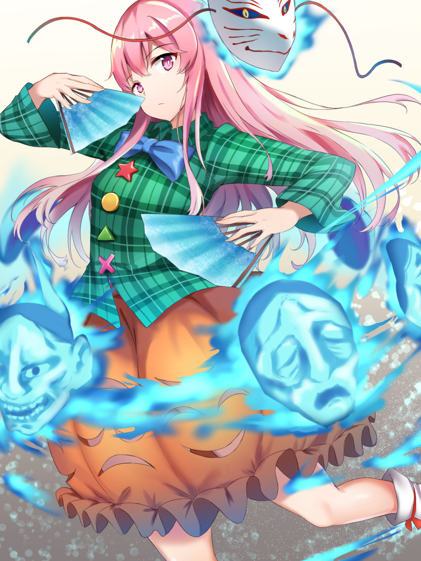 1girl aura blue_bow blue_bowtie blue_shirt bow bowtie breasts bubble_skirt circle closed_mouth collared_shirt commentary_request expressionless fox_mask frilled_skirt frills hand_fan hata_no_kokoro highres holding holding_fan long_hair long_sleeves mask mask_on_head nagomian oni_mask orange_skirt pink_eyes pink_hair plaid plaid_shirt shirt skirt small_breasts solo standing standing_on_one_leg star_(symbol) touhou triangle very_long_hair x