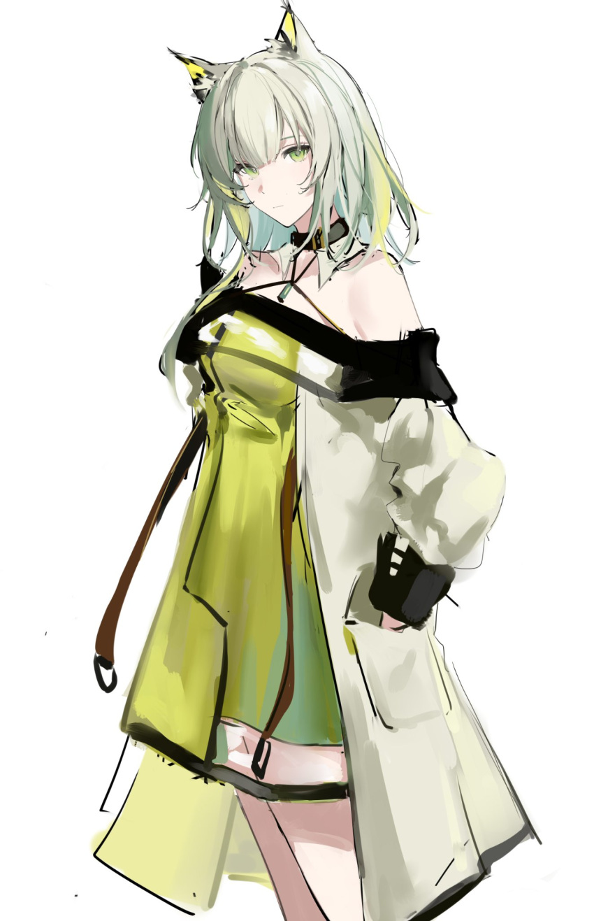 1girl animal_ears arknights bangs bare_shoulders cat_ears coat commentary cowboy_shot dress green_dress green_eyes green_hair hand_in_pocket highres joshua_(shisanli934) kal'tsit_(arknights) long_sleeves looking_at_viewer off_shoulder open_clothes open_coat short_hair simple_background solo standing white_background white_coat