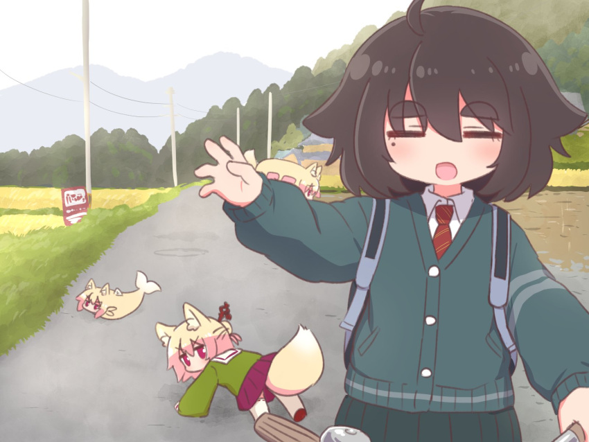 4girls :d ahoge all_fours animal animal_ears animalization bangs bicycle black_hair black_skirt blush bus cardigan closed_eyes collared_shirt day diagonal-striped_necktie eyebrows_visible_through_hair facing_viewer fish fox_ears fox_girl fox_tail green_shirt grey_cardigan ground_vehicle hair_between_eyes hair_bun hair_ornament highres kemomimi-chan_(naga_u) long_sleeves looking_at_viewer looking_back mole mole_under_eye motor_vehicle mountain multiple_girls naga_u naga_u-chan necktie objectification original outdoors pleated_skirt power_lines puffy_long_sleeves puffy_sleeves purple_skirt red_footwear red_necktie ribbon-trimmed_legwear ribbon_trim sailor_collar shirt short_eyebrows skirt sleeves_past_fingers sleeves_past_wrists smile tail thick_eyebrows thigh-highs utility_pole white_legwear white_sailor_collar white_shirt