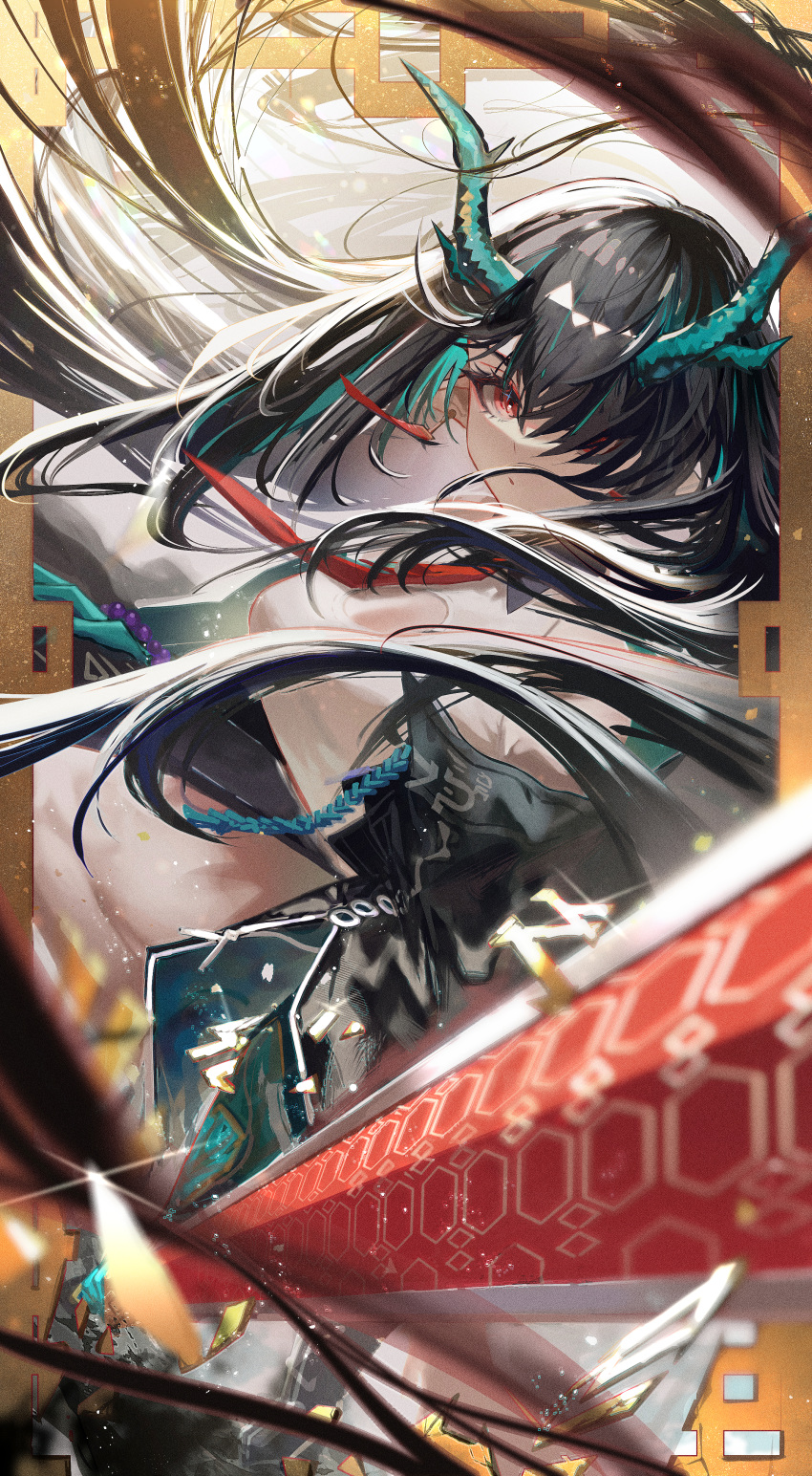 1girl absurdres arknights black_hair dusk_(arknights) earrings floating_hair hair_over_one_eye highres horns jewelry long_hair perspective pointy_ears red_eyes solo sword weapon youyouyou_1211