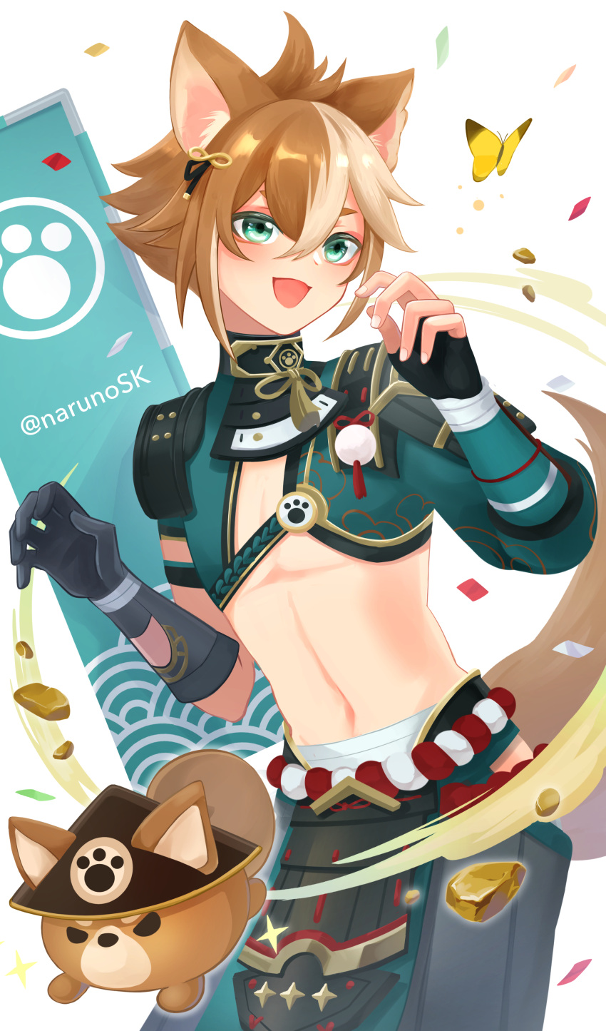 1boy :d absurdres animal_ear_fluff animal_ears armor asymmetrical_gloves bangs belt black_gloves brown_hair bug butterfly commentary cowboy_shot crop_top dog dog_boy dog_ears dog_tail fingerless_gloves flag genshin_impact gloves gorou_(genshin_impact) green_eyes green_pants hair_between_eyes hair_ornament hands_up highres igote japanese_armor japanese_clothes looking_at_viewer male_focus mismatched_gloves multicolored_hair naruno_suke_(narunosk) navel open_mouth pants paw_print sidelocks simple_background single_fingerless_glove smile standing stomach streaked_hair tail thick_eyebrows twitter_username white_background white_hair