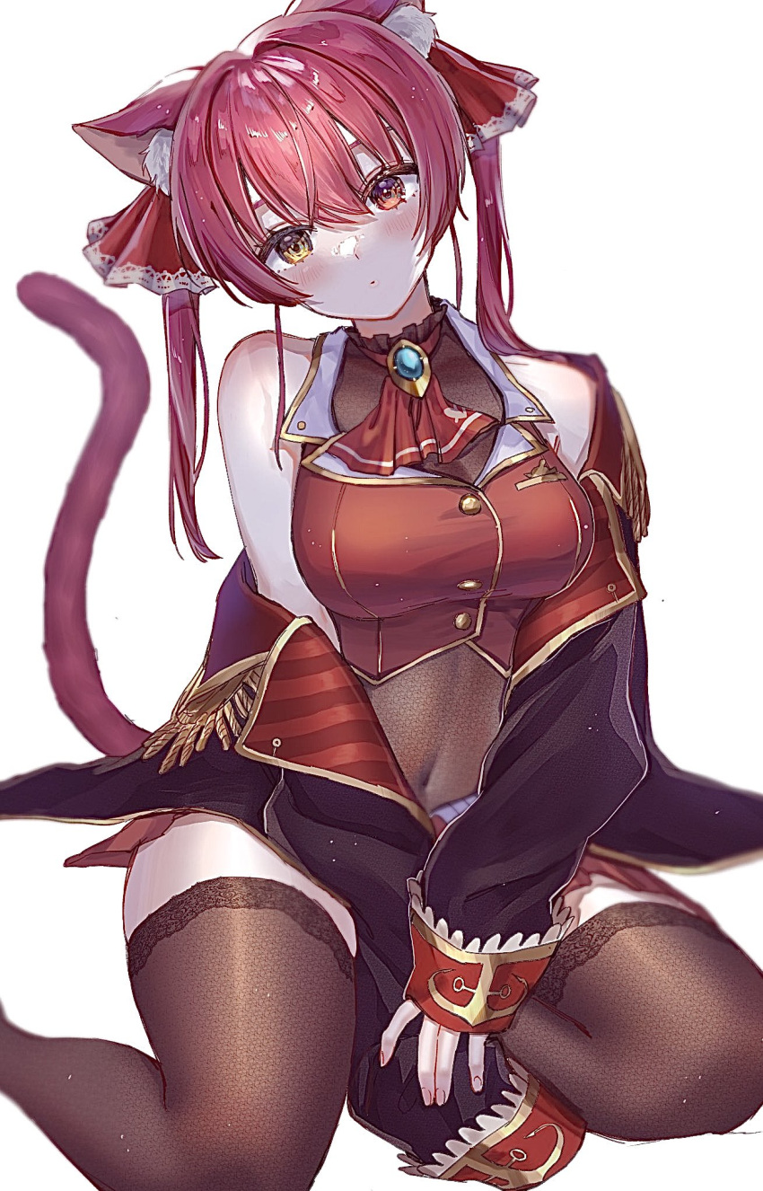 00maito 1girl animal_ear_fluff animal_ears ascot black_coat black_legwear breasts cat_ears cat_girl cat_tail coat commentary covered_navel gold_trim hair_ribbon heterochromia highres hololive houshou_marine jacket large_breasts leotard leotard_under_clothes long_hair looking_at_viewer off_shoulder pleated_skirt red_ascot red_eyes red_jacket red_ribbon red_skirt redhead ribbon sitting skirt sleeveless sleeveless_jacket solo tail thigh-highs twintails virtual_youtuber yellow_eyes