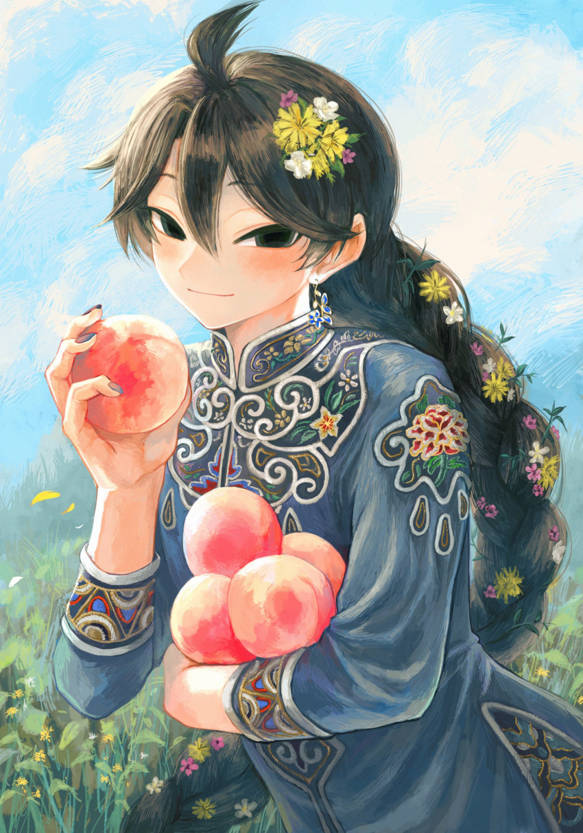 029bdpq 1boy absurdres ahoge androgynous black_eyes black_hair blue_nails braid braided_ponytail changpao chinese_clothes empty_eyes field flower flower_braid flower_field food fruit hair_between_eyes hair_flower hair_ornament hand_up highres holding holding_food holding_fruit long_hair looking_at_viewer male_focus mandarin_collar original sky smile solo upper_body very_long_hair