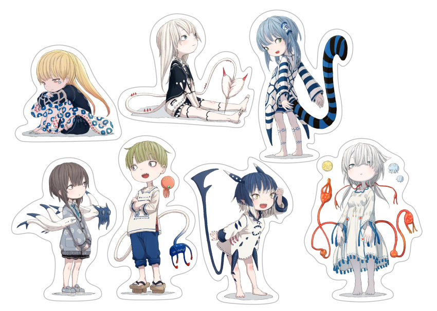1boy 6+girls :d antennae bare_legs barefoot between_legs black_capelet black_dress blonde_hair blue_eyes blue_hair blue_nails blue_pants body_markings breasts brown_eyes brown_hair byakuen_rubia capelet cardigan chibi collared_shirt creature crossed_arms dress facial_mark fins fringe_trim full_body geta green_hair grey_footwear hair_tubes hand_between_legs hand_up hidou_ten highres kairogi_meura kaisei kazami_sikiso leaning_forward long_sleeves looking_at_another looking_away looking_down looking_up multicolored_hair multiple_girls nail_polish octopus orb original outline outstretched_leg own_hands_together pants pants_rolled_up pointy_ears sad shading_eyes shark_fin sharp_teeth shirt shoes short_hair_with_long_locks sideways_glance simple_background sitting smile standing striped striped_tail tail tassel teeth tentacle_hair tentacles toenail_polish toenails twintails two-tone_hair v_arms watae_suien white_background white_dress white_hair white_shirt yellow_eyes yohami_raiko yushika