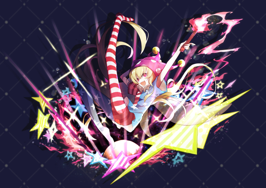 1girl absurdres american_flag_dress american_flag_legwear blonde_hair clownpiece dress fairy_wings full_body hat highres holding jester_cap long_hair looking_at_viewer neck_ruff open_mouth pantyhose pink_eyes pink_headwear polka_dot short_sleeves smile solo star_(symbol) star_print striped torch touhou transparent_wings user_mxtc5244 very_long_hair wings