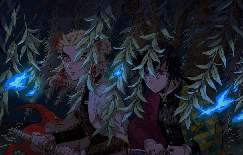 2boys absurdres asymmetrical_clothes bangs black_hair blonde_hair blue_fire cape closed_mouth colored_tips demon_slayer_uniform egyuuu fighting_stance fire flame_print forked_eyebrows half_updo haori highres hitodama holding holding_sword holding_weapon horizon japanese_clothes katana kimetsu_no_yaiba long_hair long_sleeves looking_afar male_focus multicolored_eyes multicolored_hair multiple_boys nature night night_sky plant print_cape ready_to_draw red_eyes redhead rengoku_kyoujurou sky streaked_hair sword tomioka_giyuu tree upper_body water weapon white_cape willow yellow_eyes